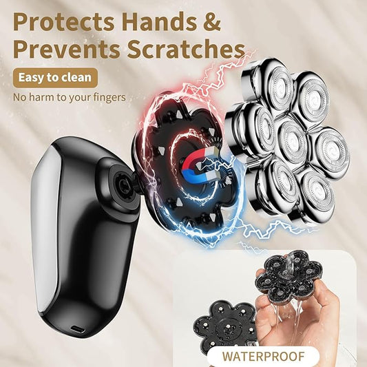 Detachable Head Shavers, SHPAVVER 5 in 1 Electric Razor IPX7 Waterproof for Bald Men, Wet Dry LED Display Rechargeable 7D Rotary Shaver Grooming Kit with Type C Charge A,Bright Silver