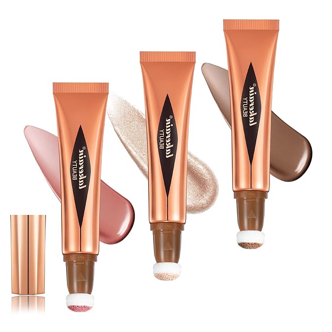3 Pcs YU KUI LX Liquid Beauty Stick, Highlighter Makeup, Blush Stick, Liquid Highlighter, Contour StickMultifunctional Beauty Stick,Beauty Cream With Cushion Applicator (01#+03#+05#)