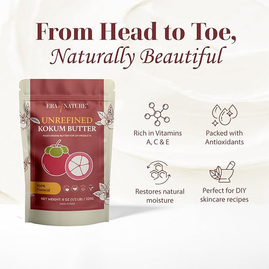 era of nature Kokum Butter Raw - 8 oz (1/2lb) – Natural Butter for Body Butters, Lotion Bars, Lip Balm, Soap Making – Blends Well with Shea or Cocoa Butter – For Stretch Marks, Scars, Pregnancy Care