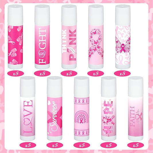 50 Pack Breast Cancer Awareness Favors Bulk Lip Balms Gifts Pink Ribbon Lip Balms Favors Breast Cancer Awareness Month Accessories Support Party Items Decorations for Women Men Survivors