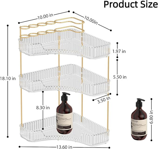 Makeup Organizer Countertop 3 Tier, Corner Bathroom Countertop Organizer with Toothbrush and Makeup Brush Holder, Corner Vanity Tray for Skincare Organization