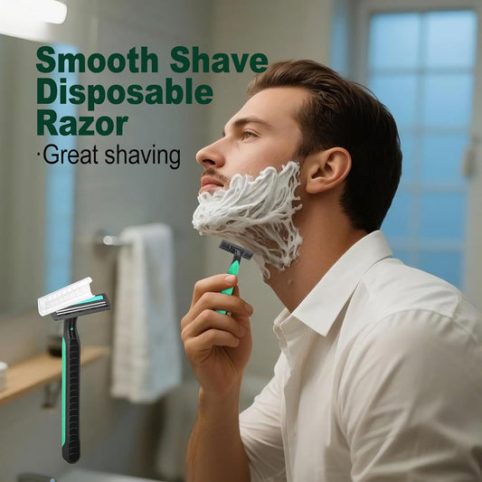 Disposable Twin Blade Razors in Bulk, Individually Wrapped - Clear Safety Cap, For Homeless, Hotel, Airbnb, Travel (pack of 50,green)
