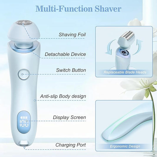 Livora Electric Shaver for Women, 2 in 1 Wet & Dry Bikini Trimmer with 2 Removable Heads, The Glide Pro 3.0 Razor, Painless Hair Removal for Bikini, Legs, Underarms, Body (Blue)