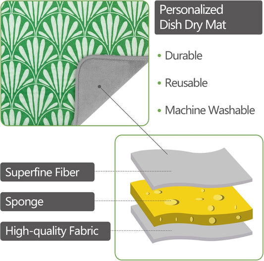 SHIYUE Dish Drying Mat for Kitchen Counter Super Absorbent Spring Kitchen Decor Microfiber Drying Matainers Rack Fast Pad Dish Drainer Mats(Bohe Green Flower,16''x18'')