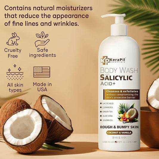 Exfoliating Body Wash with Salicylic Acid - No Dry Out, Gentle Exfoliates Rough and Bumpy Skin, Body Acne Wash, BHA & AHA - Coconut and Vanilla Salicylic Acid Body Wash - (16 fl oz x 2)