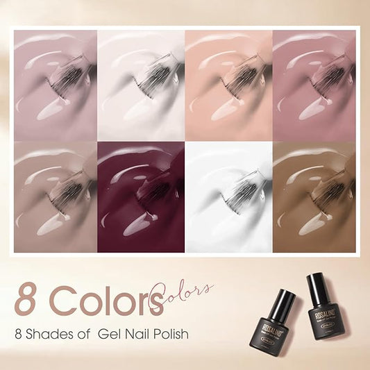 ROSALIND Nude Brown Gel Nail Polish Set, 8 Colors White Nude Brown Gel Polish, Beige Tan Caramel Coffee Gel Polish Collection Nail Art Gift DIY at Home