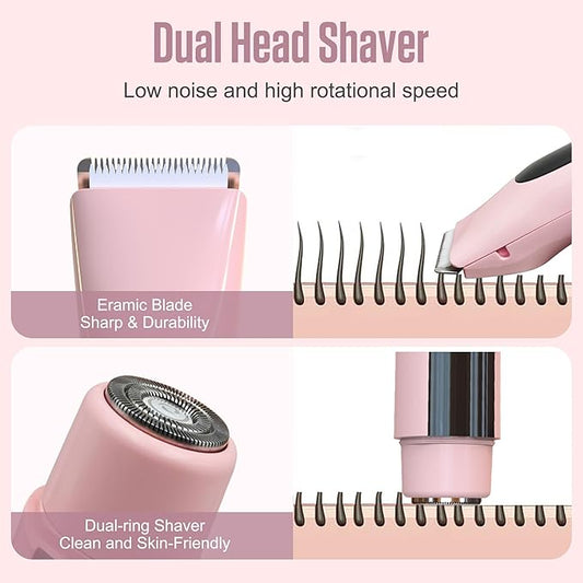 2 in 1 Bikini Trimmer for Women Dual Head Electric Shaver with LED Display,IPX7 Waterproof Wet & Dry, Painless Shaver for Underarm Leg Arm Body Face Private Area Pink