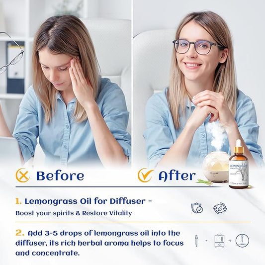 HIQILI 1 Fl Oz Lemongrass Essential Oil, 100% Pure Natural Undiluted for Diffuser, Hair - 30ml