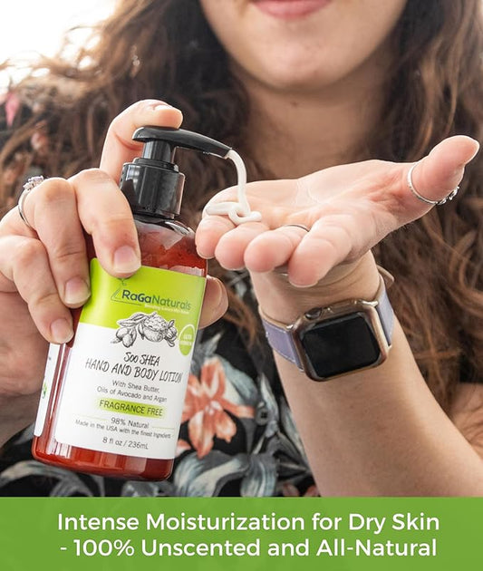 RaGaNaturals Natural Unscented Body Lotion for Dry Skin with Shea Butter and Vitamin E & B5 - Hydrating, Nourishing, Fragrance Free Hand Moisturizer With Organic Essence - For Women, Men, Kids - 8 Oz