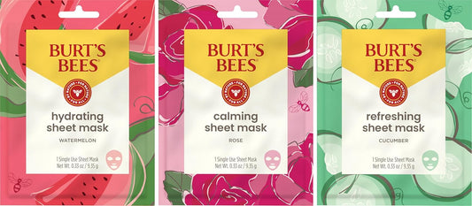 Burt's Bees Face Mask Bundle Set, Hydrating Watermelon, Calming Rose, & Refreshing Cucumber, Face Sheet Masks for Single Use Skin Care, 99% Natural Origin, 3 Count, 0.33oz Each