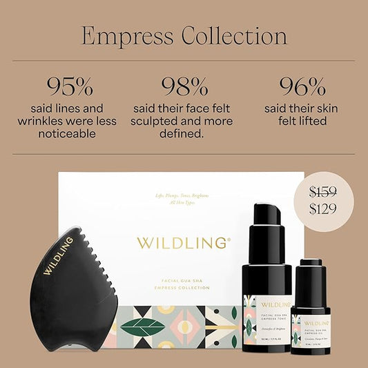 WILDLING Empress Facial Gua Sha Set I Facial Massage Tool + Facial Toner + Facial Oil to Lift, Plump, Tone + Sculpt I Patented Design 100% Authentic Bian Stone