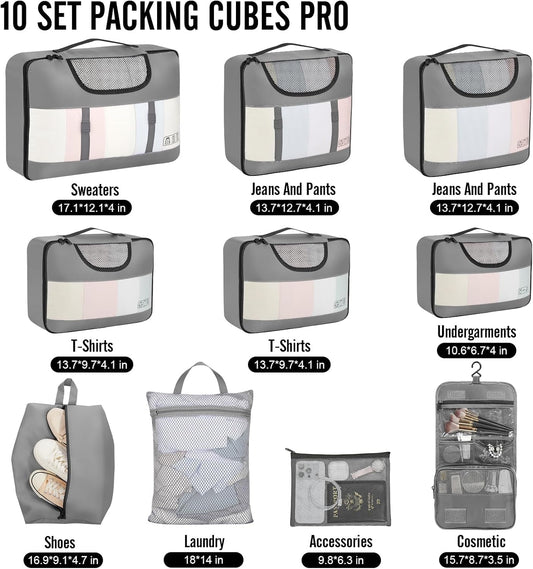 Veken 10 Set Packing Cubes for Travel Essential, Suitcase Organizer Bags in 4 Sizes, Carry-On Luggage Accessories with Large Laundry & Hanging Toiletry Bag, Must-Have for Airplane, Road Trip & Camping