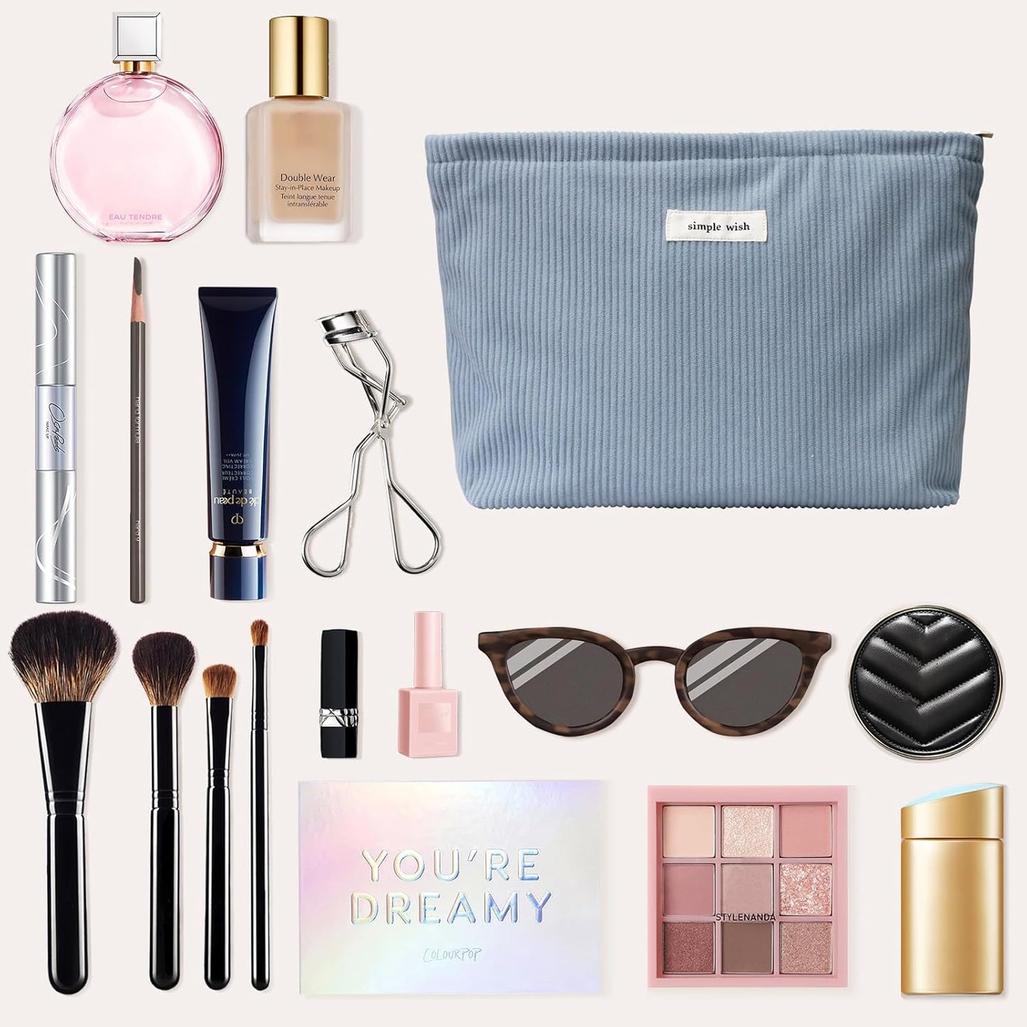 Wudygirl Makeup Bag Portable Cosmetic Bag Travel Makeup Pouch for Women and Girls Large Capacity Corduroy Travel Toiletry Bag (Light Blue)