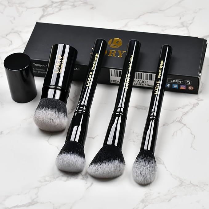 LORYP 4 Pcs Full Face Professional Makeup Brushes Set with Retractable Kabuki Airbrush For Powder,Liquid,Cream,Angled Blush Brush, Foundation Brush, Tapered Highlight Brush
