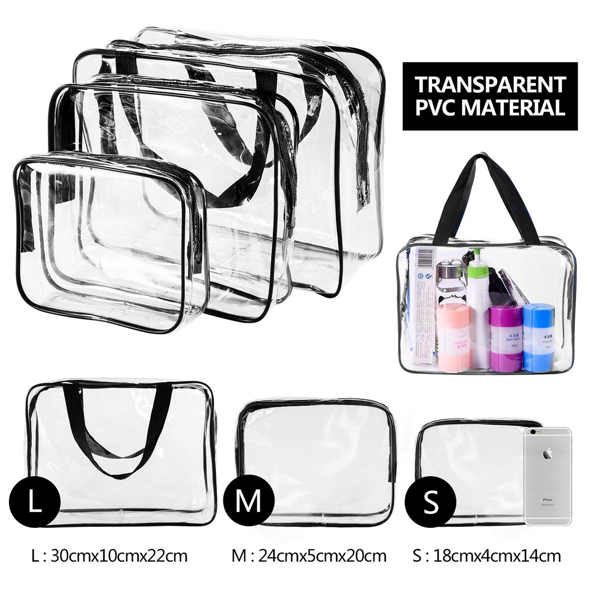 4Pcs Crystal Clear PVC Travel Toiletry Bag Kit for Women Men, Waterproof Vinyl Packing Organizer Storage Bags with Zipper Handle Straps, Cosmetic Pouch Carry on Airport Airline Compliant Bag Handbag