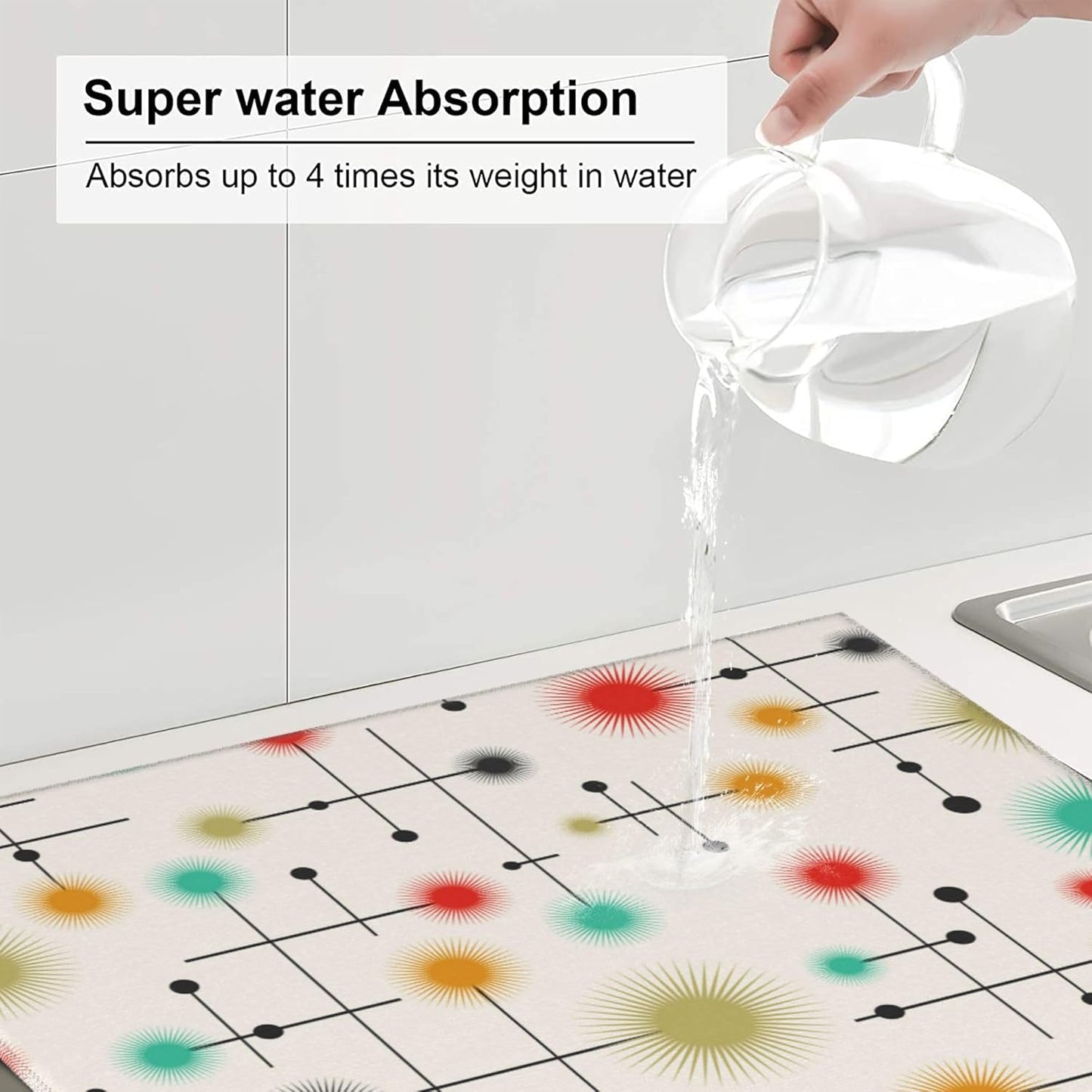 Mid Century Modern Dish Drying Mat for Kitchen Counter Yellow Washable Absorbent Reversible Microfiber Retro Drying Pad Kitchen Accessories 16x18 Inch