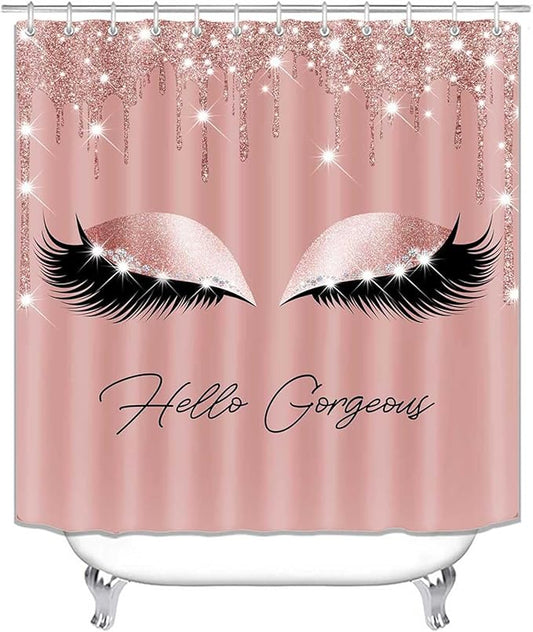 4PCS Hello Gorgeous Shower Curtain Set, Eyelash Makeup Glam Fashion Girly Pink Bathroom Decor for Women Girls, Waterproof Fabric Shower Curtain, Non-Slip Bath Mat Toilet Rug, Rose Gold Glitter