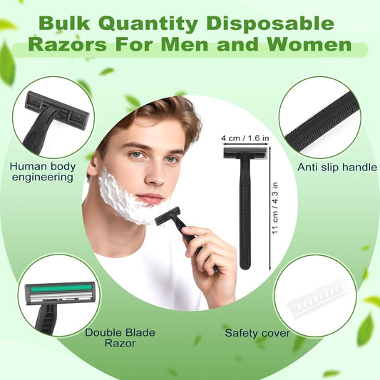 Disposable Twin Blade Razors in Bulk, Individually Wrapped - Clear Safety Cap, For Homeless, Hotel, Airbnb, Travel (pack of 100,black)