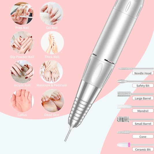 Portable Nail Drill Professional 35000 RPM, MOCOWIND Rechargeable Electric Nail File Machine E File for Acrylic Gel Polishing Removing, Cordless E-File with Bits Kit for Manicure Salon Home,Pink
