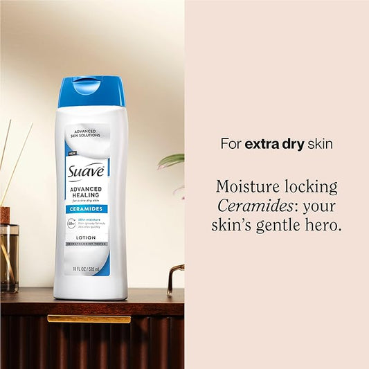 Suave+ Advanced Healing Hand & Body Lotion for Women With Ceramides for Very Dry Skin, Hydrating, Non-Greasy, Allergen-Free Moisturizing Cream, Lightly Scented, 18 FL OZ, 6 Pack