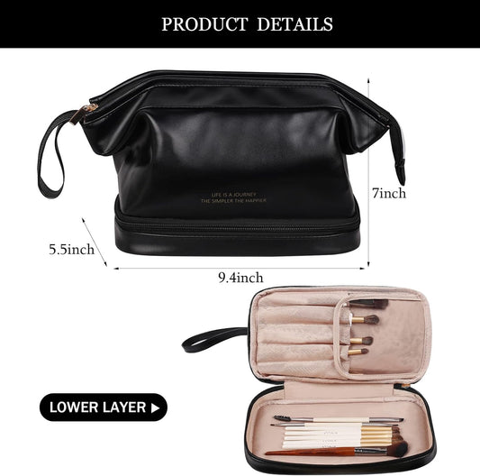 Abiudeng Large Capacity Makeup Bag Ladies Cosmetic Bag Travel Bag with Compartments Portable PU Leather Travel Makeup Bag with Handle