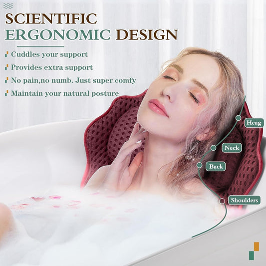 Bath Pillow RUVINCE Ergonomic Luxury Bathtub Pillow with Head,Neck, Shoulder and Back Support, 4D Bath Pillows for tub with 6 Powerful Suction Cups, Fits All Bathtub, Spa Tub, Hot Jacuzzi (Dark red)