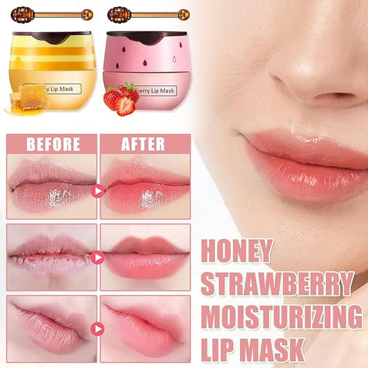Bee Lip Balm Honey Pot,3 PCS Strawberry&Honey&Watermelon Lip Sleeping Mask,Hydrating Prevention Dry and Cracked Lip Scrubs Exfoliator Lip Care,Moisturizing Lip Mask Overnight Reduces Lip Lines
