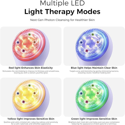 Facial Cleansing Brush: Rechargeable LED Electric Face Cleansing Brush with 4 Gentle Light Liquid Silicone Modes Face Scrubber Exfoliator,IPX7 Waterproof Ideal Gift for Men and Women-Purple