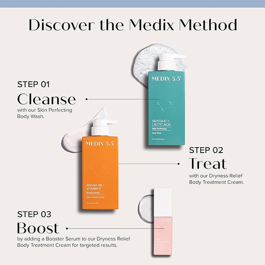 MEDIX 5.5 Glycolic Acid Exfoliating Face & Body Scrub Cleanser + Argan Oil Moisturizing Body Cream Lotion 2PC Skin Care Set | Alpha Hydroxy Acid & Lactic Acid Foaming Body Wash & Face Wash, 2PC Set