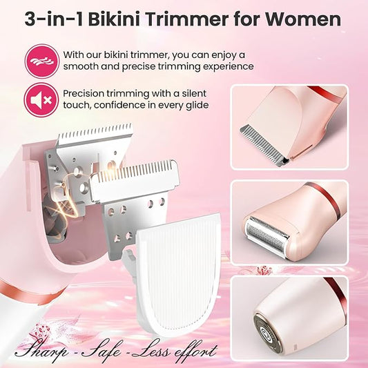 Bikini Trimmer Electric Razors for Women - 3 in 1 Electric Shaver for Women, Waterproof Pubic Hair Trimmers and Facial Hair Remover, Rechargeable Women's Grooming Kit
