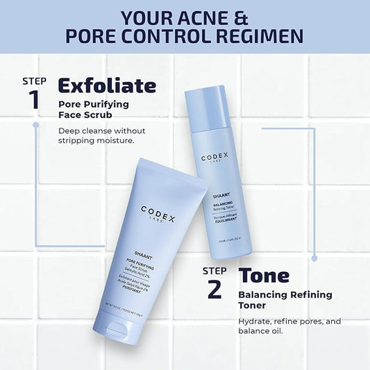 Codex Labs Shaant Deep Cleanse & Tone Kit, Pore Purifying Scrub (100g) & Refining Toner (100ml) - Oil Control & Pore Minimizer - for Acne Prone Skin - with 2% Salicylic Acid, 2% Gluconolactone (PHA)