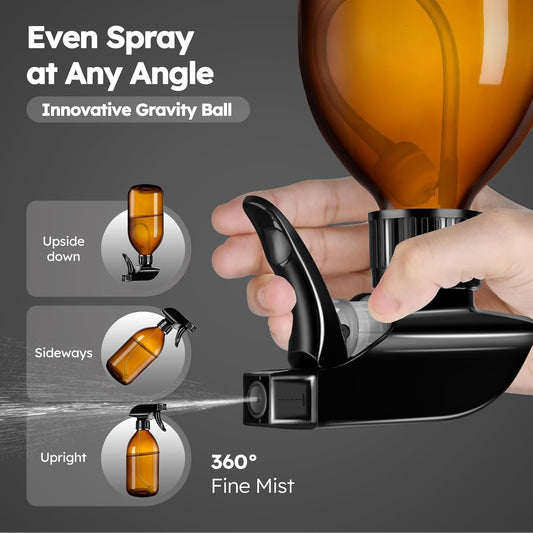 Tecohouse 2 Pack Amber 360° Glass Spray Bottles Clear, 16 oz Empty Refillable Containers with Adjustable Spray Nozzles, Spray Bottles for Cleaning Solutions and Plants