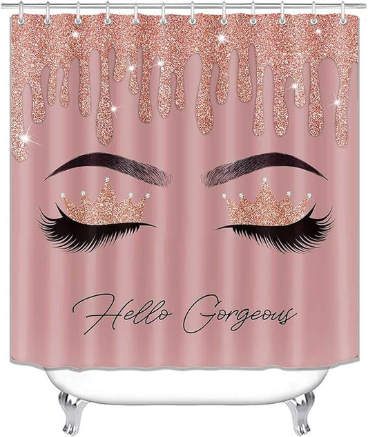 4PCS Hello Gorgeous Shower Curtain Set, Rose Gold Glitter Drip Bling Glam Diamond Crown Princess Unicorn Eyelash Girls Pink Bathroom Decor, Waterproof Fabric Shower Curtain Bath Mat Toilet Rug
