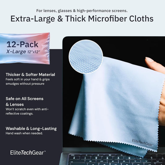 Elite Screens Microfiber Cleaning Cloth - Pack of 12, 12" x 12", Blue - Streak-Free Vision & Glasses Wipes - Quick-Dry Reusable & Eyeglass Wipes - Portable & Screen Cleaning Cloth