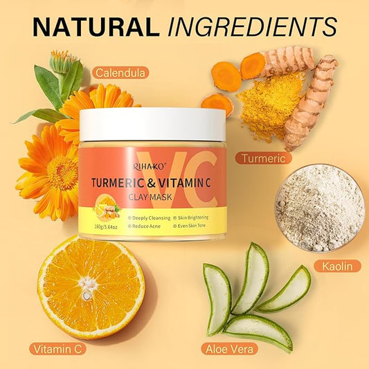 Turmeric Vitamin C Clay Mask -Turmeric Facial Mask - Brightening Clay Face Mask Skincare, Deep Cleansing Face Mask, Acne Face Mask for for Dark Spots, Dull Skin, Refining Pores and Controlling Oil