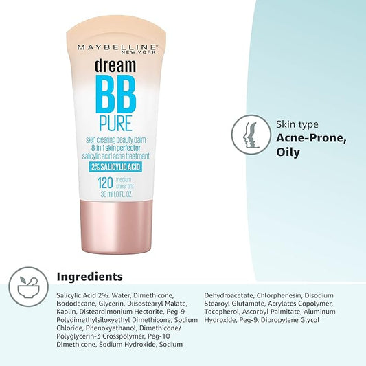 Maybelline Dream Pure Skin Clearing BB Cream, 8-in-1 Skin Perfecting Beauty Balm With 2% Salicylic Acid, Sheer Tint Coverage, Oil-Free, Medium, 1 Count