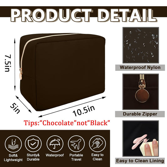 Large Makeup Bag Pouch,Nylon Women Travel Toiletry Storage Bag Preppy Cosmetic Bag for Girls,Big Makeup Organizer Bag Cute Zipper Pouch Skincare Bag for Sport Work Gift(Large-Chocolate)