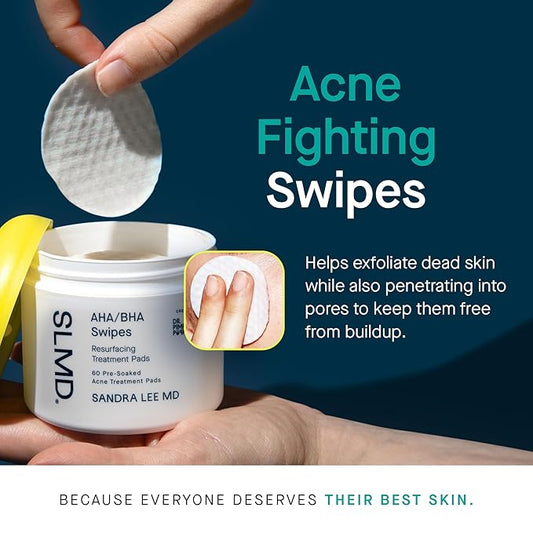 SLMD by Dr. Pimple Popper - AHA BHA Toner Pads Swipes, Salicylic Acid, Glycolic Acid & Lactic Acid - Daily Resurfacing Pads for Face & Body - Facial Exfoliating Pads Resurface, Treat, and Prevent Acne