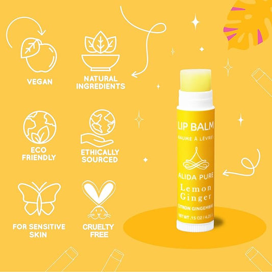 Lemon Ginger Lip Balm Collection, Vegan Lip Balm Set, Bees Wax Free, with Avocado Oil, Organic Jojoba Oil, Vitamin E, Natural Moisturizer For Dry, Cracked, or Chapped Lips, 3 Tube Set