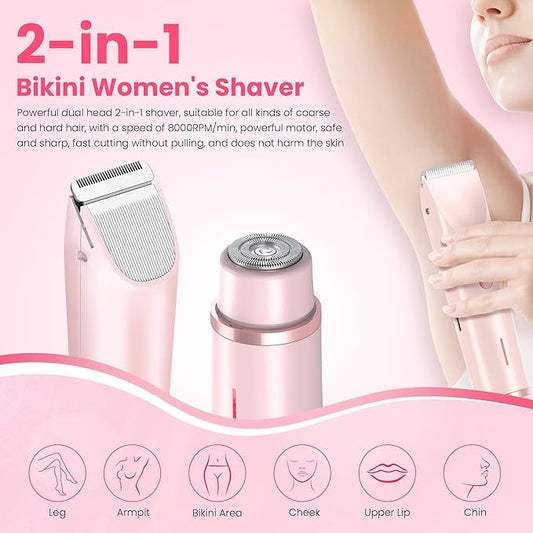 Bikini Trimmer for Women-2 in 1 Dual Head Electric Razors,USB Rechargeable Bikini Electric Shaver,IPX7 Waterproof Dry & Wet Use Body Hair Trimmer and Facial Hair Remover for Underarm Leg Body,Pink