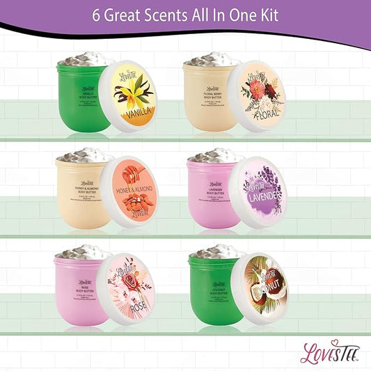 LOVESTEE Moisturizing Body Lotion, Women-Men's Christmas-Birthday Gift Set, Soothes All Skin Types includes Shea Butter, Fragrances Lavender, Vanilla, Rose, Honey Almond, Coconut and Floral