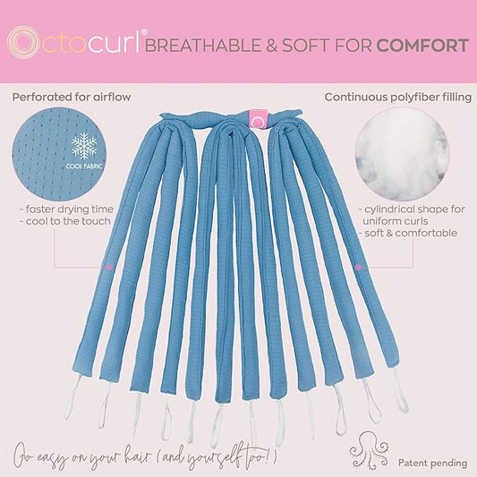 Octocurl Heatless Hair Curler - No Headband Octopus Curler - Overnight Curls for Long Hair (QMax - Blue)