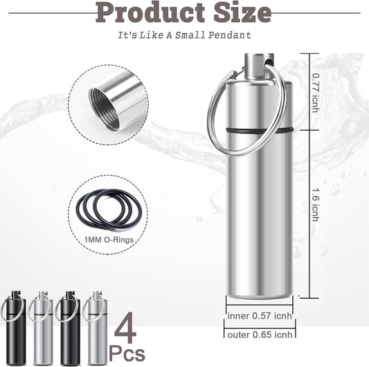 4pcs Pill Case, Travel Pill Case, Keychain Pill Holder, Portable Container Mini Metal Case,Small Portable Waterproof Pill Boxes with Keychain, Medicine Bottle for Outdoor Camping Travel