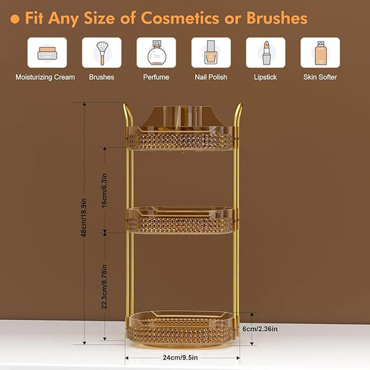 Awenia Rotating Makeup Organizer 360, Stackable Adjustable Large Capacity Cosmetic Storage Unit,Dresser Bathroom Kitchen Countertop Organizer with Metal Handle, Plus Size (Honorable Gold, 3 Tier)