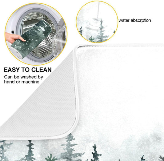 Winter Forest Scenery Dish Drying Mat for Kitchen Christmas Tree Snow Xmas Microfiber Drying Mats Absorbent Reversible Dish Pad Medium Dish Draining Mat 16x18 inch