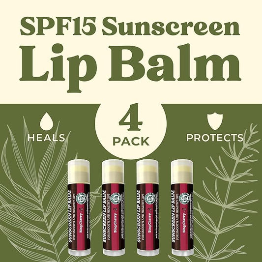 SPF Lip Balm 4-Pack by Earth's Daughter - Lip Sunscreen, SPF 15, Organic Ingredients, Cherry Flavor, Beeswax, Coconut Oil, Vitamin E - Hypoallergenic, Paraben Free, Gluten Free