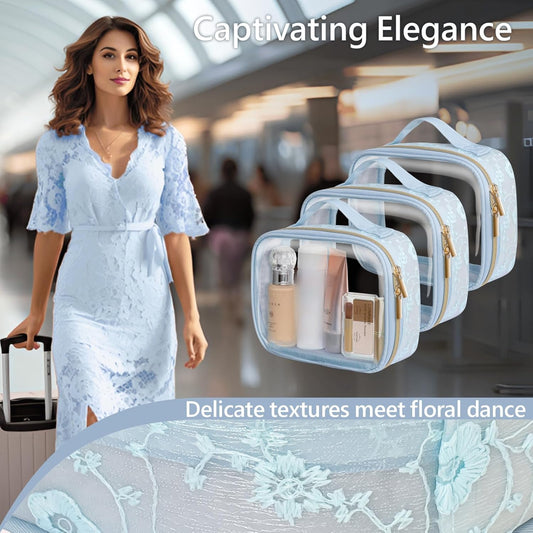 PACKISM TSA Approved Toiletry Bag - Floral Texture Lace Clear Makeup Bags, Ease of Clamshell Closing, Handles and Double Zippers, 0.5 mm Thicker Clear Toiletry Bags, Good for Travel, Blue