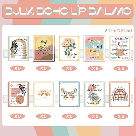 50 Pack Lip Balm Religious for Women Boho Christian Lip Balm with Scripture Bulk Lipsticks Gifts Faith Bible Verse Scripture Inspirational Gift Party Favors Coworkers 10 Styles