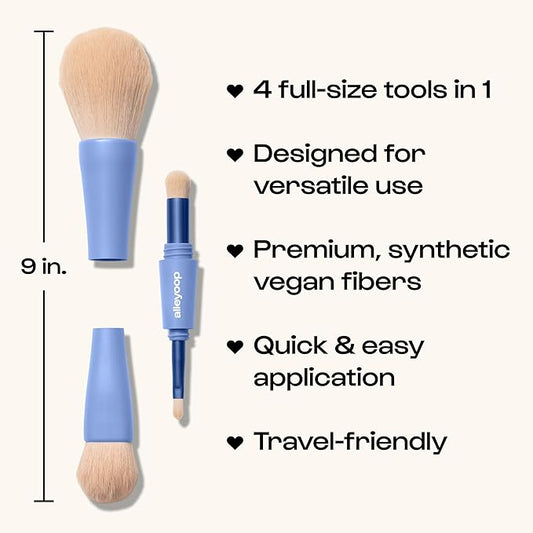 Alleyoop Overachiever 4-in-1 Travel Makeup Brush Set – Powder, Blending, Precision & Complexion Brushes – Mini Makeup Brush for Women, Vegan, Multi-Use & Travel-Friendly Makeup Tool