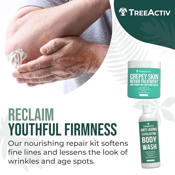 TreeActiv Crepey Skin Repair Kit, Includes Anti-Aging Exfoliating Body Wash, 8oz, Crepe Skin Cream, 8oz, Skin Tightening Cream for Body and Face. Hydrates and Tighten Dry Crepe Skin, Crepe Skin Cream